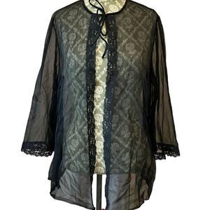 Vintage Black Sheer Lace Open Front Bell Sleeve Lingerie Bedroom Jacket Pin UP